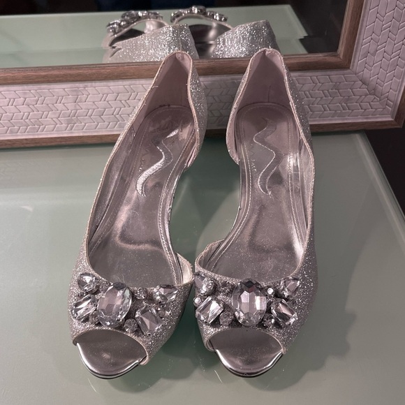 Nina Shoes - NINA Silver glitter with gems wedge heels